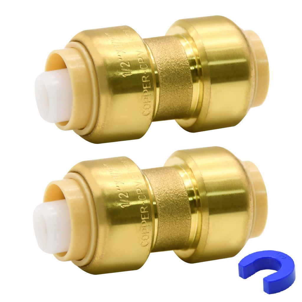 2 Pack Push-to-Connect Plumbing Fittings, 1/2" Pushfit Straight Fittings with Disconnect Clip for Copper, PEX, CPVC Pipe