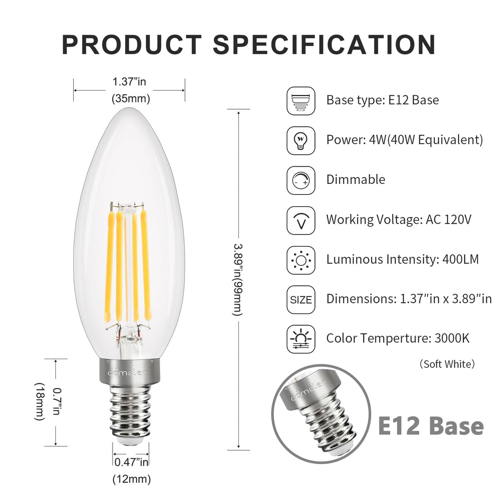 comzler Dimmable E12 LED Candelabra Bulb, 3000K Soft White, 40W Equivalent, Type B Chandelier Light Bulb, B11 Edison Filament for Ceiling Fan, 400LM, Pack of 12