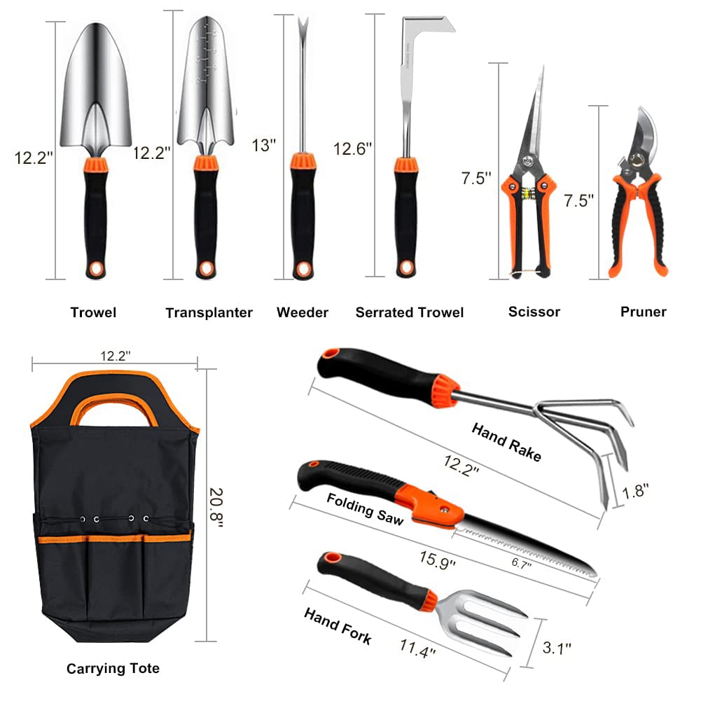 QINGFANGLI Garden Tool Set, 10 PCS Stainless Steel Heavy Duty