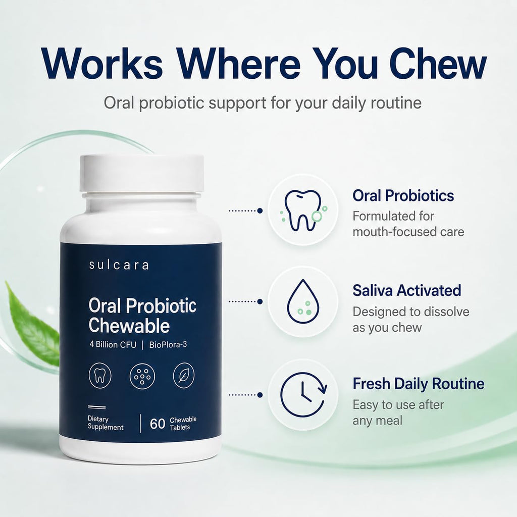 Sulcara Oral Probiotic Chewables, Guava Xylitol Flavor Oral Care for Fresh Breath and Daily Mouth Routine, Non-GMO, Gluten-Free, 60 Servings