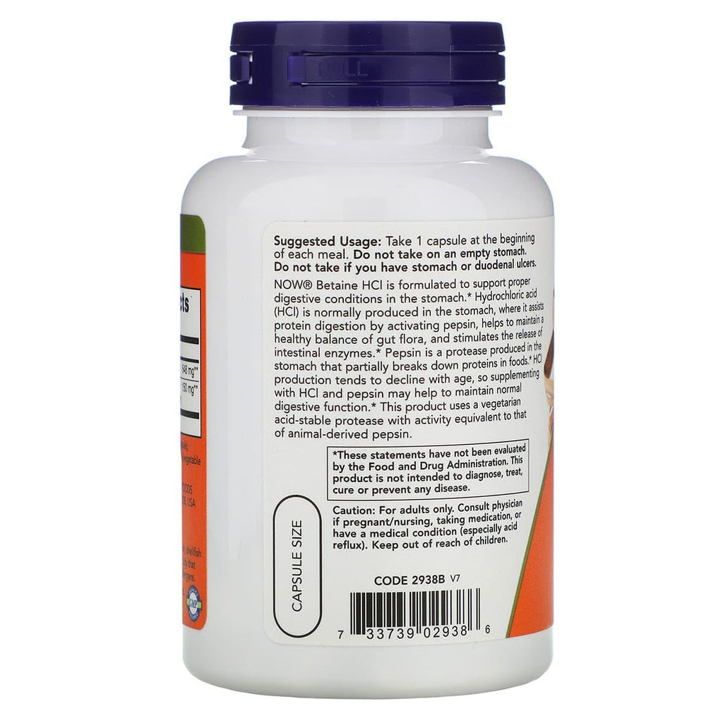 Now Foods Betaine HCl, 648 mg with 150 mg of Pepsin, 120 Capsules, 2 Pack