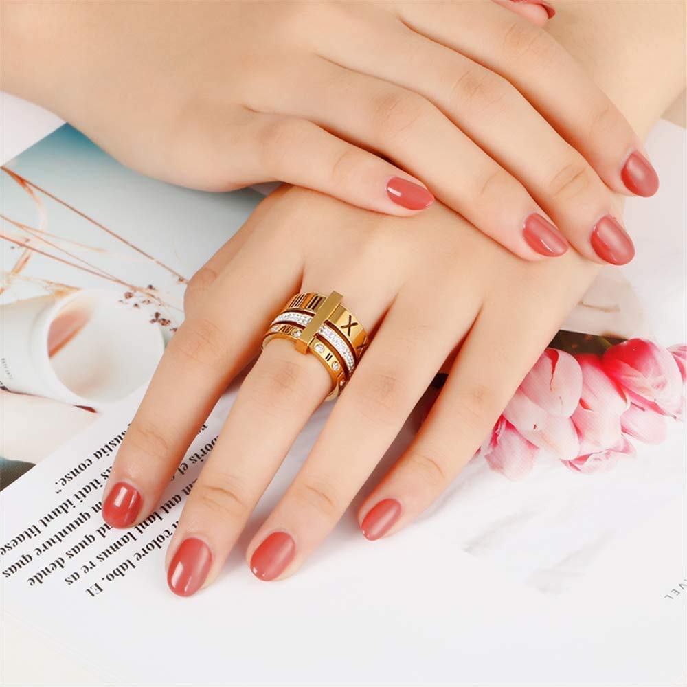 Jarlinwel Stainless Steel CZ Zirconia Roman Numeral Ring For Women Stacking Thumb 3 in 1 Spinner Rings (Gold, 8 Runs small)