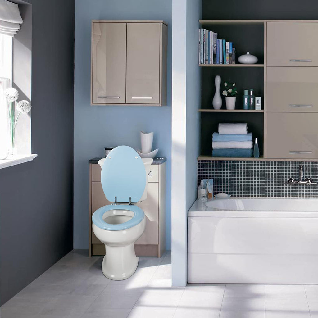Blue Elongated Toilet Seat Natural Wood Toilet Seat with Zinc Alloy Hinges, Easy to Install also Easy to Clean, Scratch Resistant Toilet Seat by Angol Shiold (Elongated, Blue)