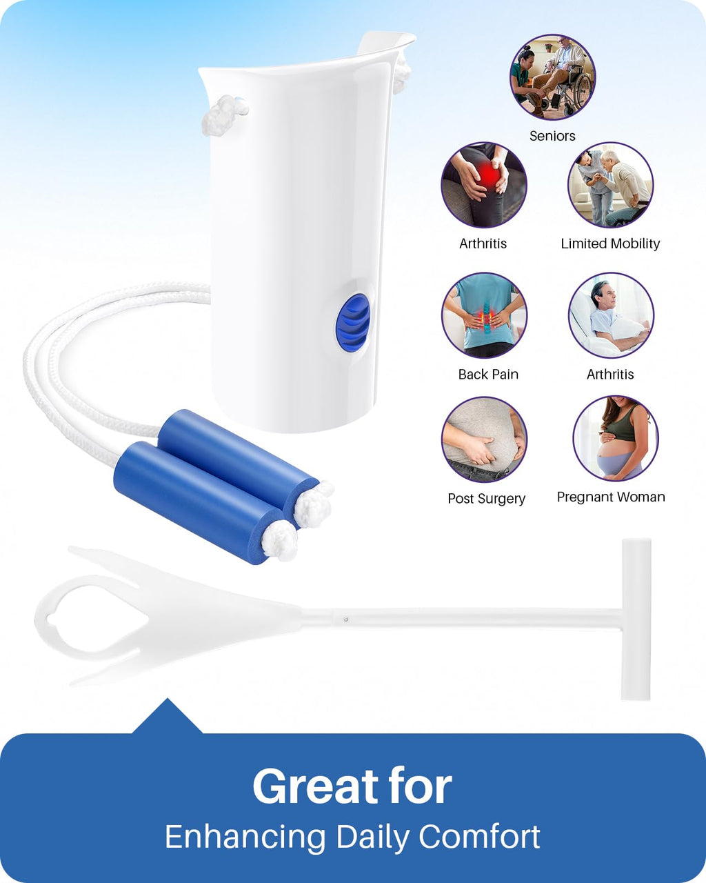 Jellas 4.6 Inch Wide Sock Aid Kit - Long Rope Assist Device for Seniors, Limited Mobility, Post-Surgery | No Bend Sock Helper & Remover | Easy On/Off Socks Tool (White)
