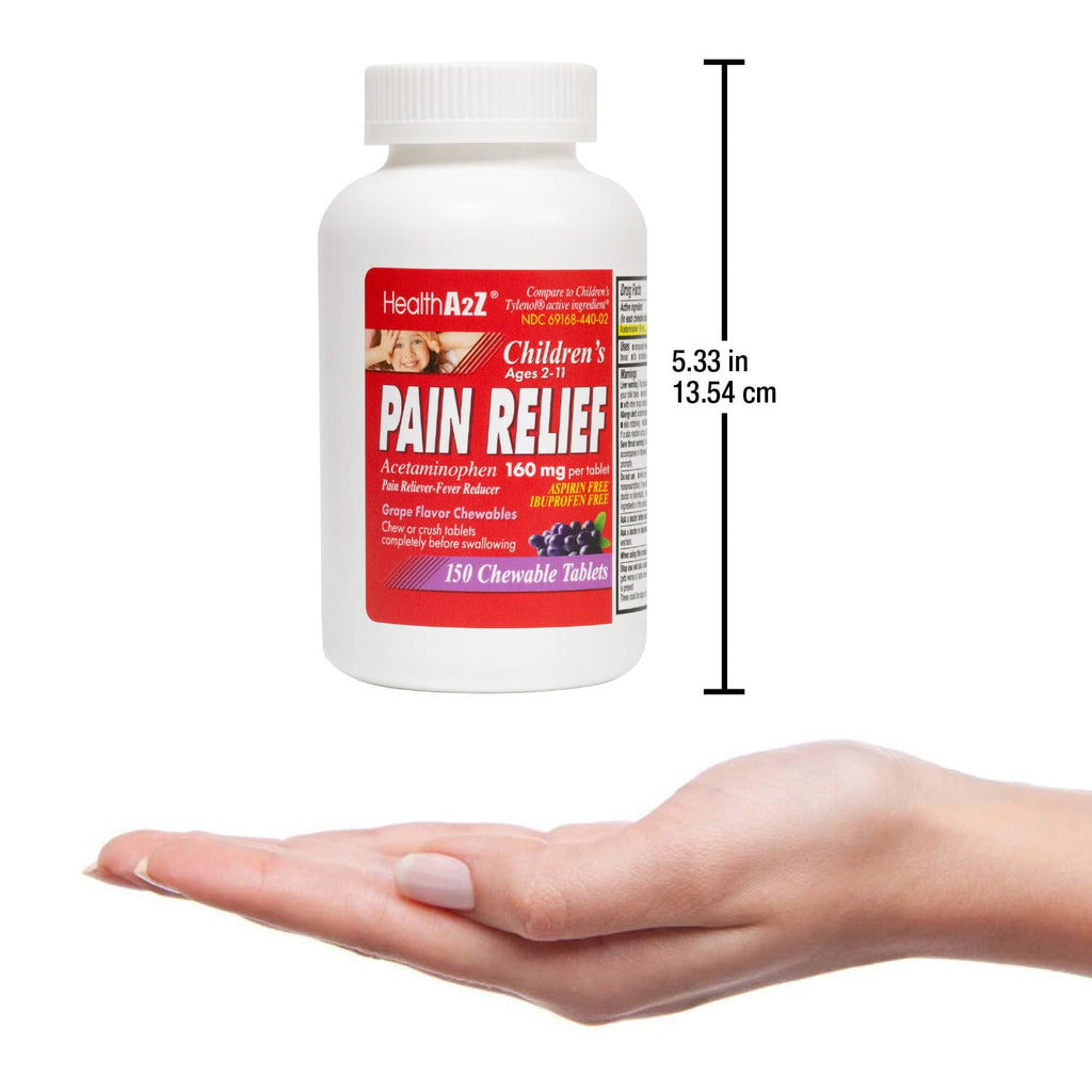 HealthA2Z® Children’s Chewable Pain Relief | Acetaminophen 160mg | Grape Flavor | Fever Reducer & Pain Reliever | Aspirin & Ibuprofen Free | 150 Counts