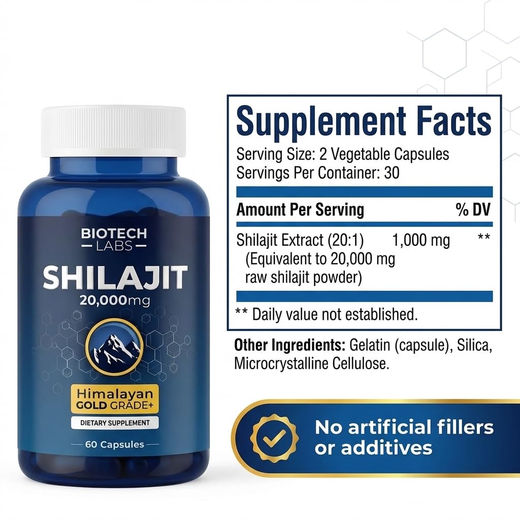 Biotech Labs Shilajit 20,000mg – Gold Grade Himalayan Extract | High Fulvic Acid, 85+ Trace Minerals | Energy, Vitality & Testosterone Support | Men’s Wellness & Performance | 60 Capsules