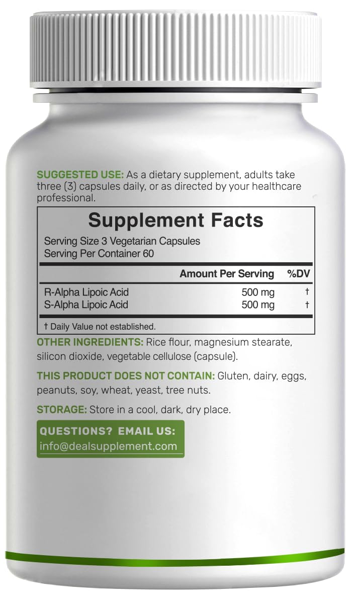 Alpha Lipoic Acid 1,000mg, 180 Veggie Capsules – 50/50 R-ALA & S-ALA for Max Bioavailability – Antioxidant Supplement – Energy & Nervous System Support – Non-GMO
