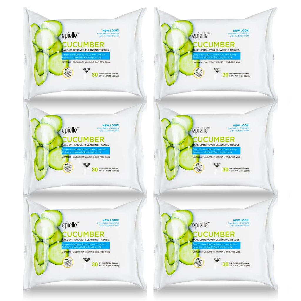 Epielle Cucumber Makeup Remover Wipes, Gentle Daily Facial Cleanser Towelettes, Remove Dirt, Oil & Waterproof Mascara, Stocking Stuffers, 30 Count (Pack of 6)