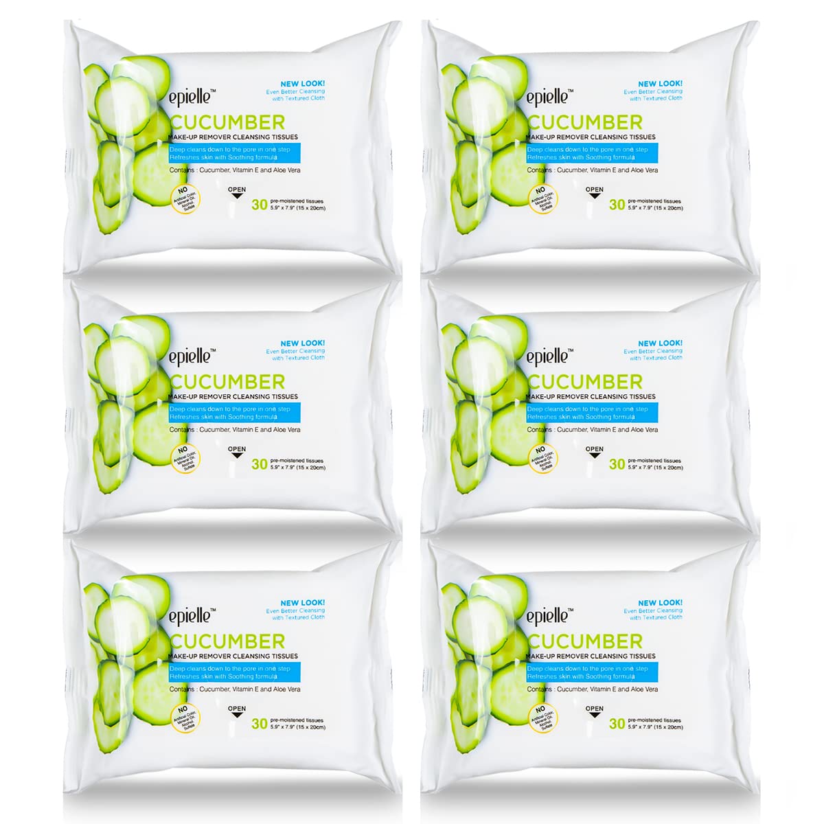 Epielle Cucumber Makeup Remover Wipes, Gentle Daily Facial Cleanser Towelettes, Remove Dirt, Oil & Waterproof Mascara, Stocking Stuffers, 30 Count (Pack of 6)