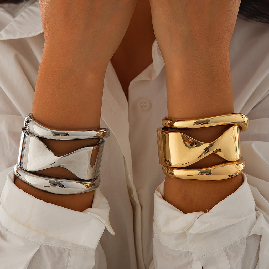 Impurain Gold Bangle Bracelets for Women Silver Plated Wide Wire Chunky Cuff Bracelets Trendy Hinged Cuff Open Wide Chunky Silver Bracelet Irregular Minimalist Bangle Jewelry (gold-2)