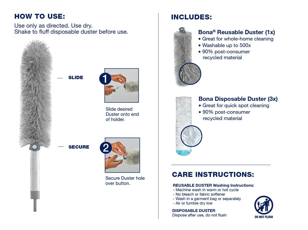 Bona High Performance Dusting System - 1 Compact Handle, 5 Disposable Dusters, & 1 Reusable Duster - Compact Dusting Kit Removes Dust & Pet Hair