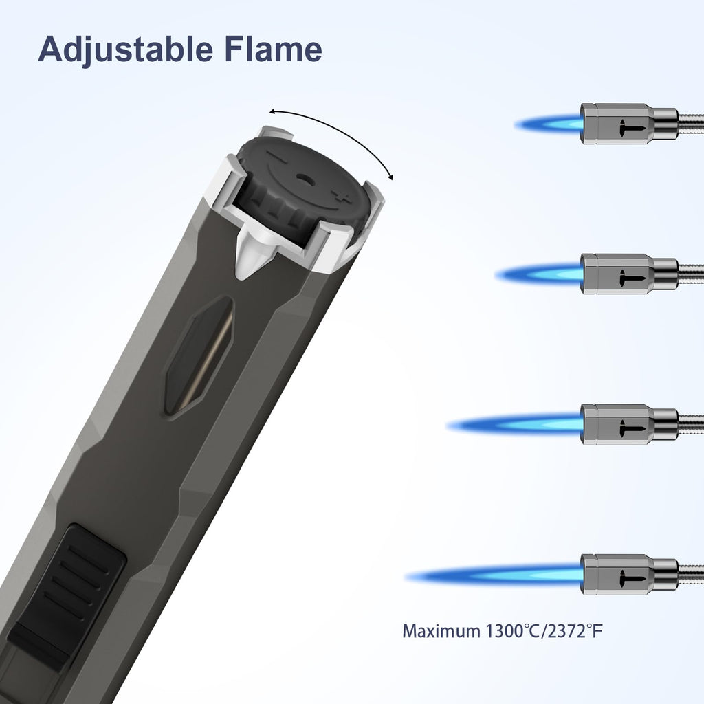 TONYFUL Butane Lighter Long Torch Lighter, Refillable Lighters with Visual Fuel Window, Adjustable Flame Windproof Lighter for Candle, Camping, Fireplace, BBQ(Fuel Not Included)