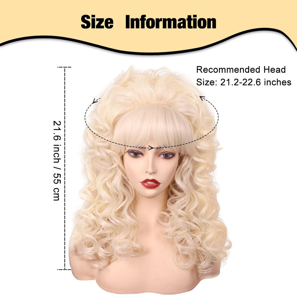 FantaLook Blonde Long Curly Wig with Bangs, Vintage Costume Wig for Women
