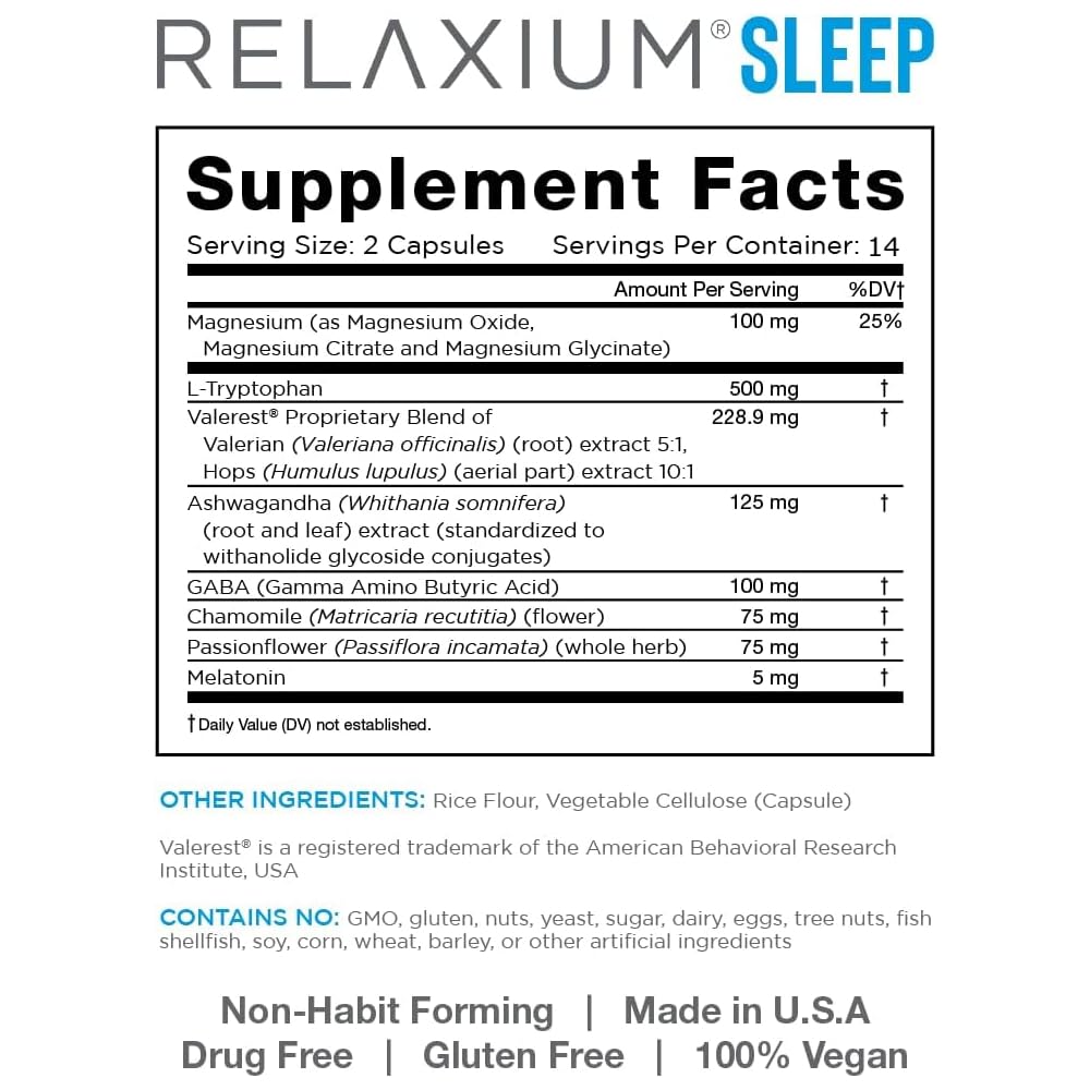 Relaxium Sleep Aid, 14-Day Supply, Non-Habit Forming, Dietary Supplement for Better Sleep, Drug-Free, Stress Relief, with Magnesium, Melatonin, GABA, Chamomile, Made in USA (28 Vegan Capsules)