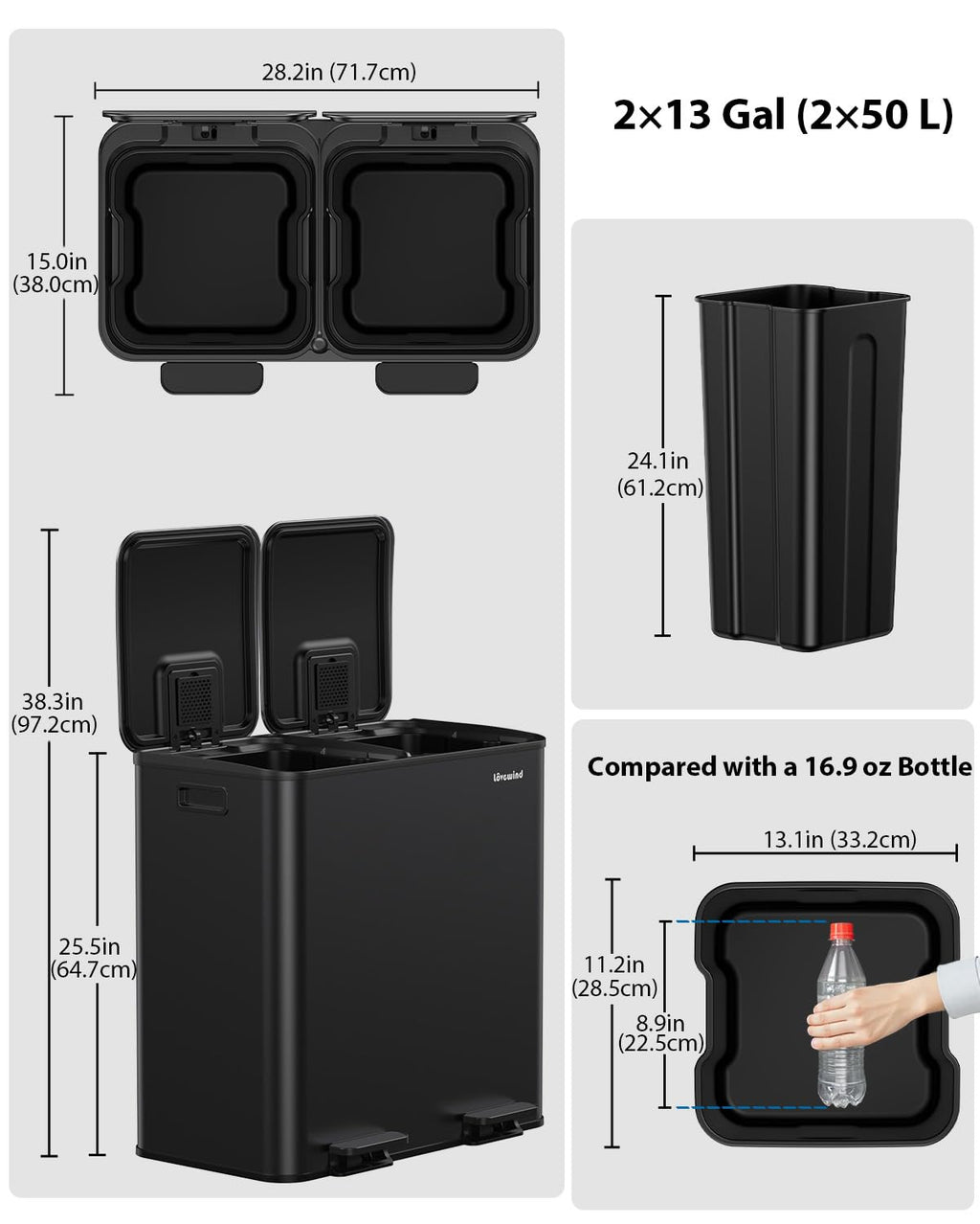 Dual Trash and Recycling Bins for Kitchen, 2×13 Gallon (2× 50L) Stainless Steel Trash and Recycle Bin Combo with Soft-Close Lid, Large Garbage Cans for Kitchen Home with 2 Magnets Sticker, Black