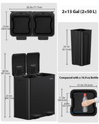 Dual Trash and Recycling Bins for Kitchen, 2×13 Gallon (2× 50L) Stainless Steel Trash and Recycle Bin Combo with Soft-Close Lid, Large Garbage Cans for Kitchen Home with 2 Magnets Sticker, Black