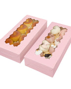 qiqee 50 Packs Pink Cookie Box with Window 12x5.5x2.5 Inch Two Uses Pastry Biscuit Bakery Box For Packaging