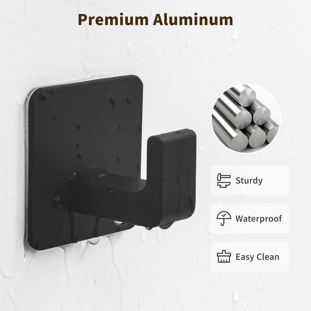 GWAAZXGZ Square Self Adhesive Towel Hooks - 4 Pack Matte Black Metal Hooks, Right-Angle Design for Towels, Robes & Hats, Organize Bathroom, Kitchen, Entryway, Doors, Cabinets on Smooth Surfaces