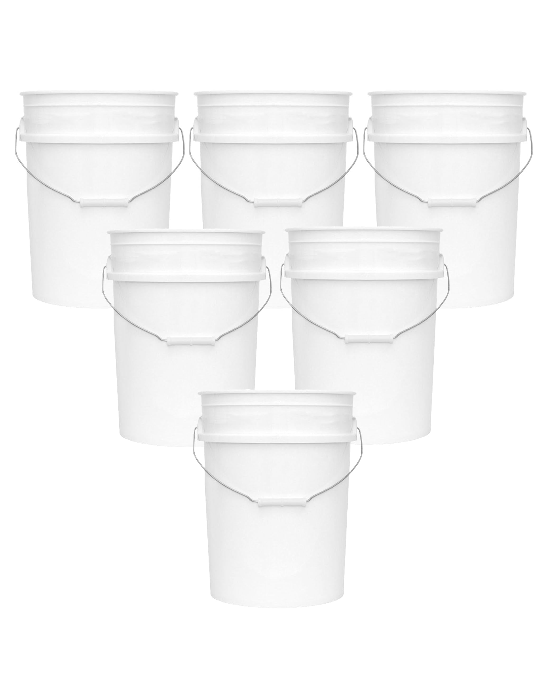 MKS Plastics 5-Gallon Bucket Only – No Lid Included, Made in USA, Food Grade BPA Free Plastic, Heavy Duty Multi-Use, Metal Handle with Grip, Stackable Storage – White, 6 Pack