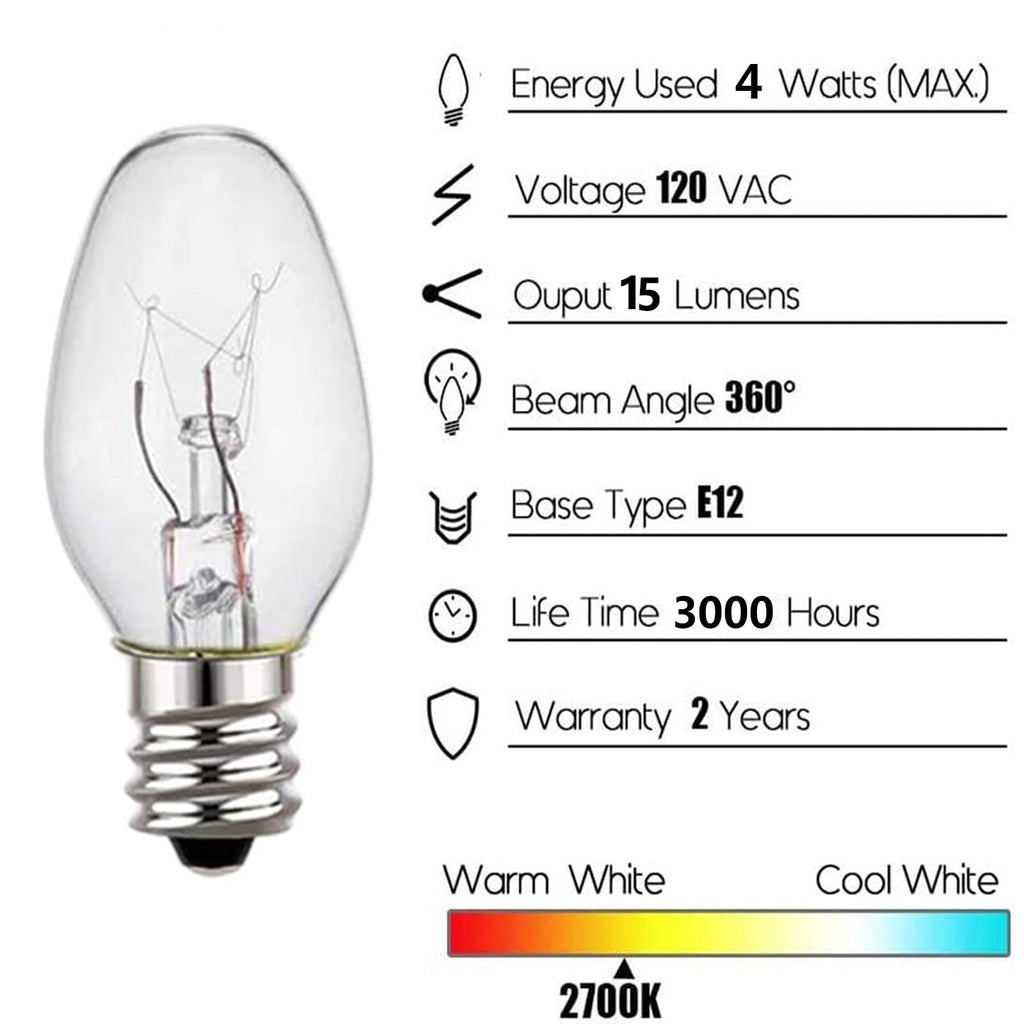 WokHok C7 Night Light Bulb 4 Watt,E12 Candelabra Base,15 Lumens,Small Light Bulb,Night Light Replacement Bulbs,Clear, Soft White - 12 Pack