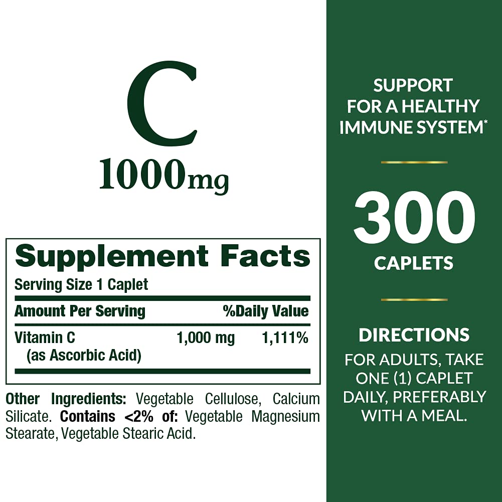 Nature's Bounty Vitamin C 1000mg, Supports Immune and Antioxidant Health, Vitamin C Supplement, 1 Per Day, 300 Vegetarian Caplets (Pack of 2)