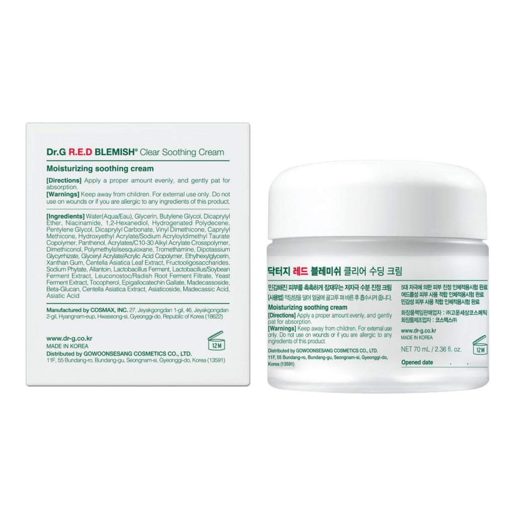 Dr. G R.E.D. Blemish Clear Soothing Cream - Calming Korean Moisturizer for Redness - Soothes Acne & Irritation - With Centella Asiatica - Long-Lasting Hydration - 2.36 fl oz