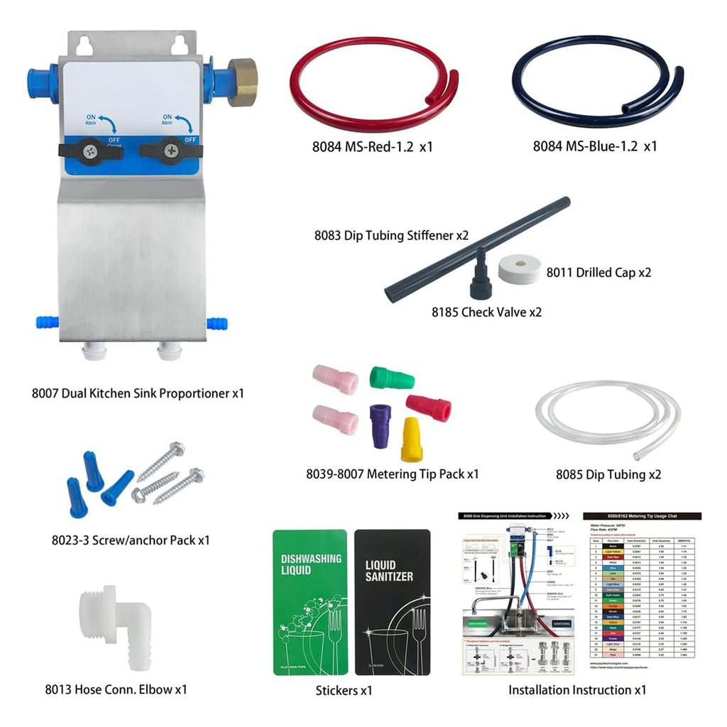 Dual Kitchen Sink Proportioner W/Elastic Gap, Dish Detergent and Liquid Sanitizer Dispenser, Chemical Dispensing System, Precision Chemical Dilution, 8088E