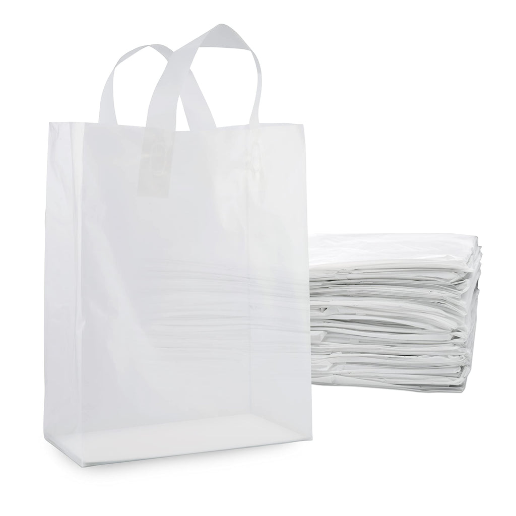 Prime Line Packaging Plastic Gift Bags, Frosted Gift Bags with Handles for Small Business, Shopping, Boutique Supply, Retail Store Use, Bulk, 10x5x13, 50 Pack