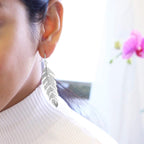 Floating Feathers Dangle Earrings - Silver Tone Long Hanging Leaf Drops