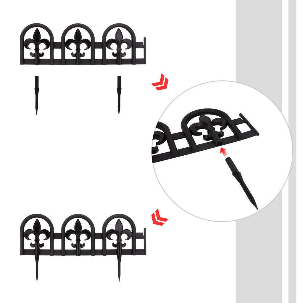 Evelyne Black Garden Border Plastic Edging – PP Plastic, Metal-Free Wrought Iron Look Design, 15pcs Black Yard Landscaping Fence Liner Lawn Edge Barrier, 20ft Kit of Decorative Lawn Landscape Panels