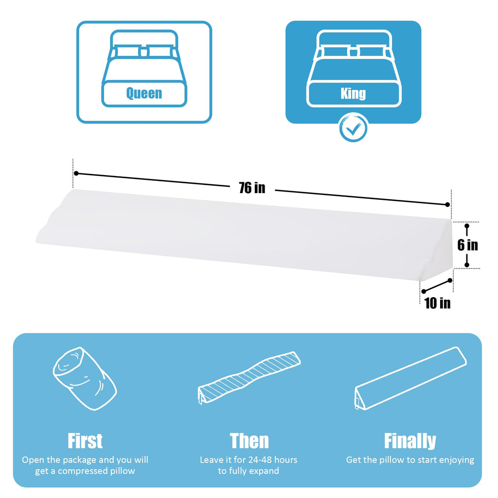 King Bed Wedge Pillow for Headboard, Bed Gap Filler, Triangle Pillow Wedge for Headboard Gap, Bolster Pillows for Beds, Anti-Slip Mattress Wedge Gap Filler, 76"×10"×6", White