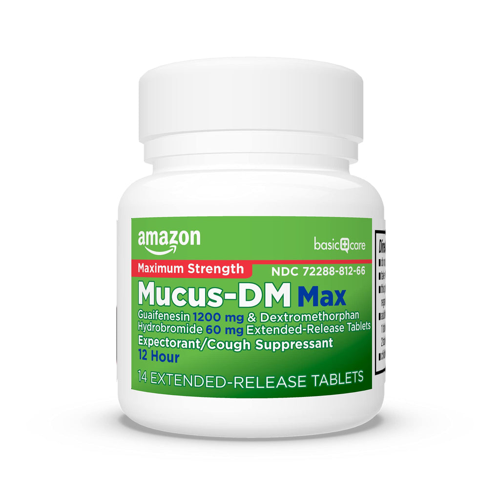 Amazon Basic Care Maximum Strength Mucus DM, Expectorant and Cough Suppressant, Chest Congestion Relief, 12 Hour, 14 Tablets (Pack of 2)
