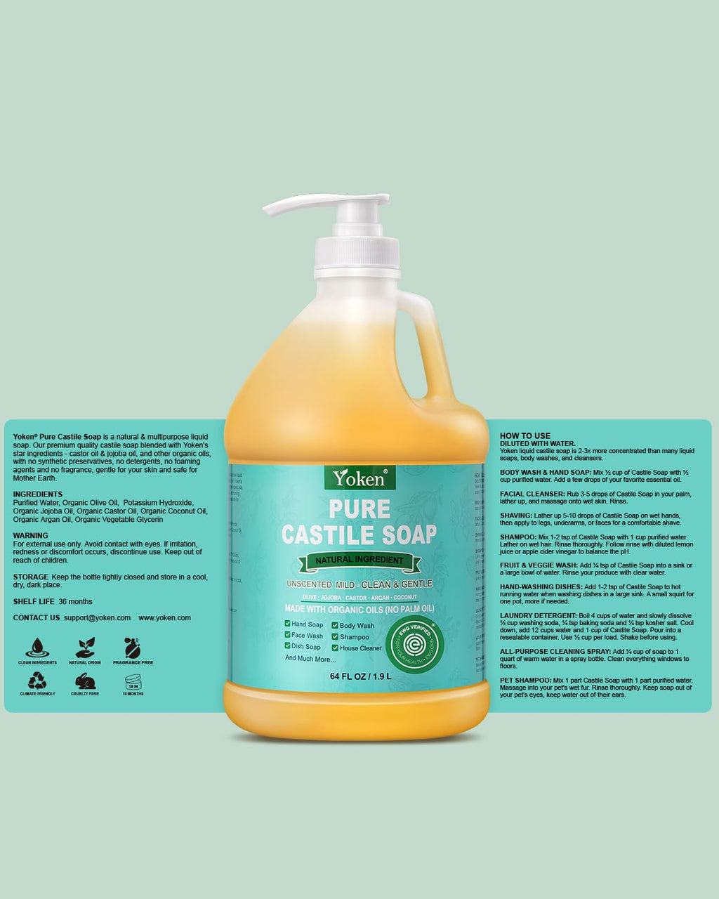 Yoken EWG Verified Organic Castile Soap Liquid (Unscented, 64 oz) Pure Castile Liquid Soap Made With Organic Oil, Clean & Gentle, Natural Castor Oil Soaps for Body & Face Wash, Hands, Dishes, Laundry