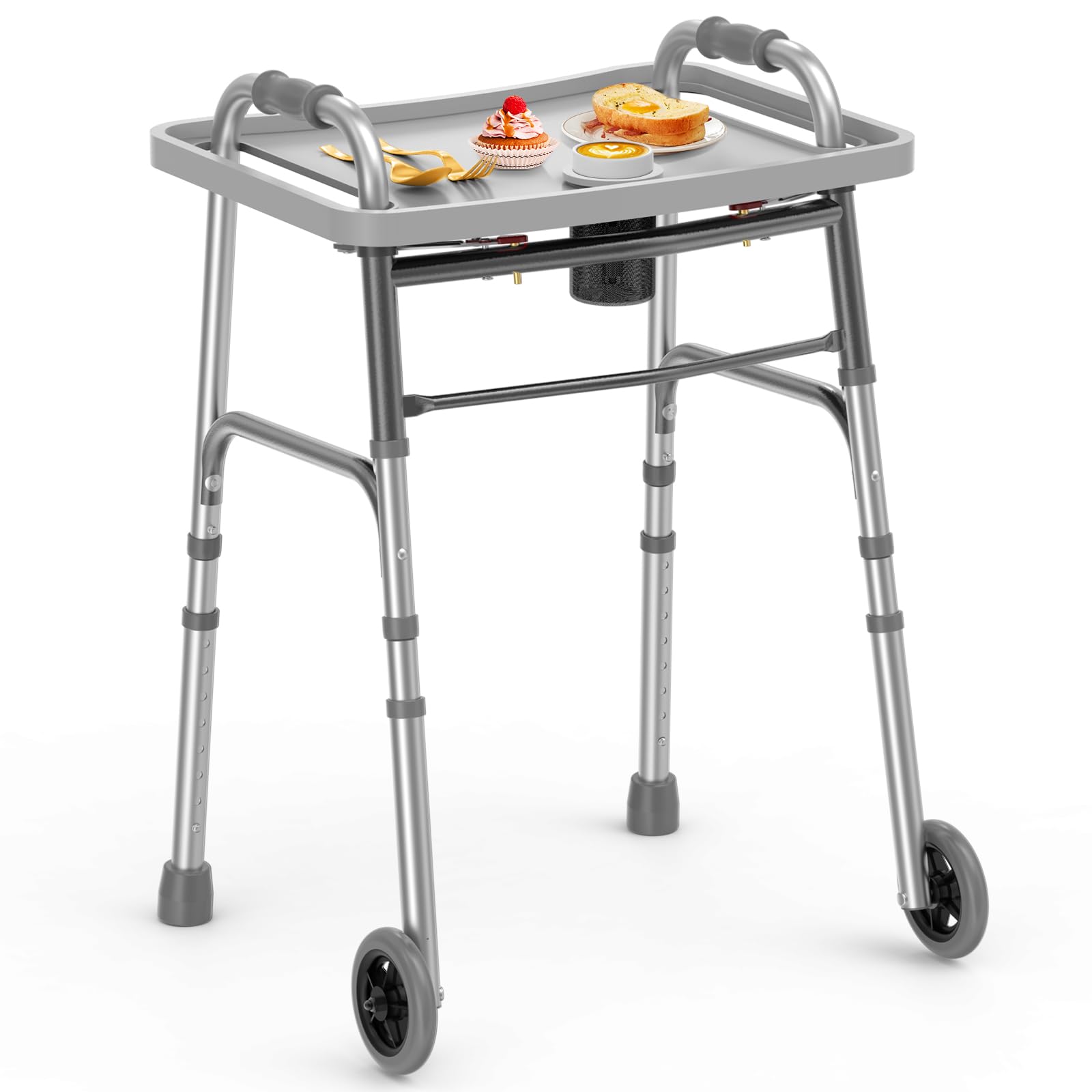 Loyoda Folding Walker with Tray, 5" Wheels Lightweight Walkers for Seniors and Adults, Supports Up to 350 Pounds, Adjustable Height, Compact Standard Walker, Silver