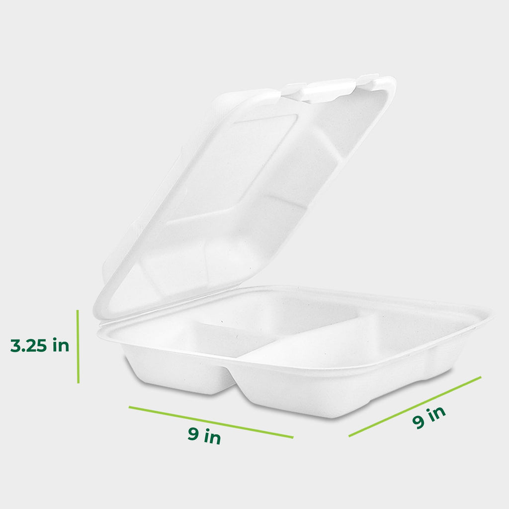 Freshware Clamshell Food Containers with Lids [9x9"] 3-Compartment 50-Pack, Disposable To Go Containers, Biodegradable Sugarcane To Go Boxes - Paper Containers - Microwave & Freezer Safe, Stackable