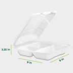 Freshware Clamshell Food Containers with Lids [9x9"] 3-Compartment 50-Pack, Disposable To Go Containers, Biodegradable Sugarcane To Go Boxes - Paper Containers - Microwave & Freezer Safe, Stackable