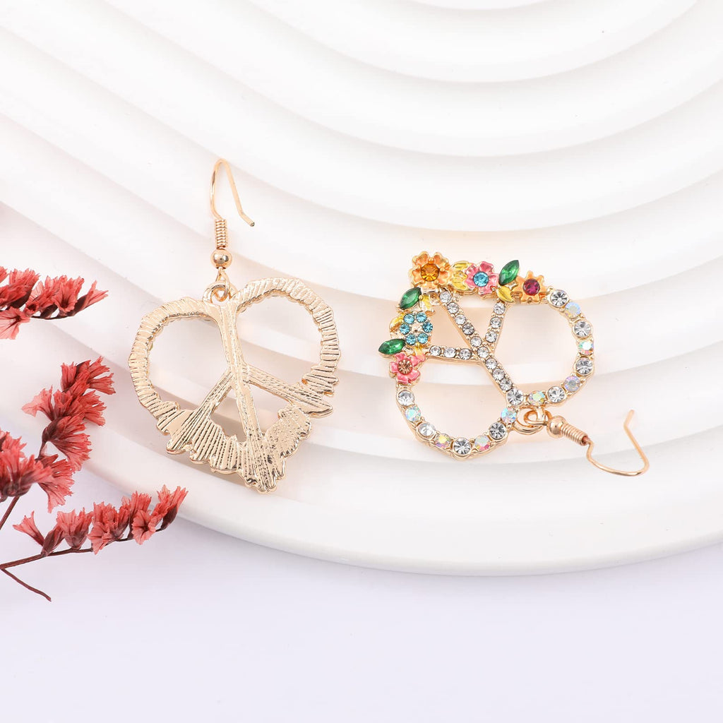 Peace Sign Earrings, 70s Hippie Earrings, Boho Heart Flower Diamond Drop Earrings for Women, Zirconia Love Heart Pendant Dangle Peace Earring, Rose Gold Chain Birthday Valentines Day Jewelry Gifts
