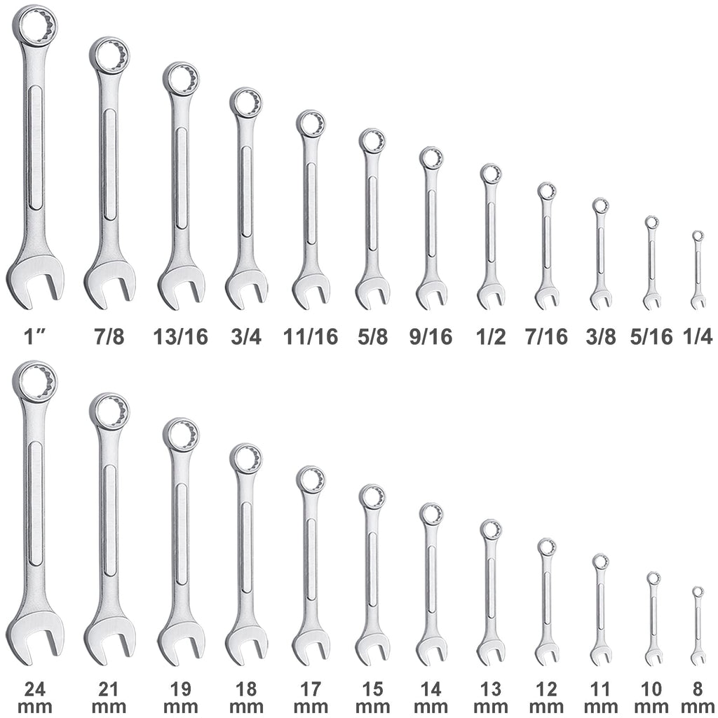 24-Piece All-Purpose Master Combination Wrench Set with Roll-up Pouch | SAE 1/4” to 1”, Metric 8mm to 24mm | Perfect for General Household, Garage, Auto Repairs, Car, Truck, Boat, and Travel Emergency