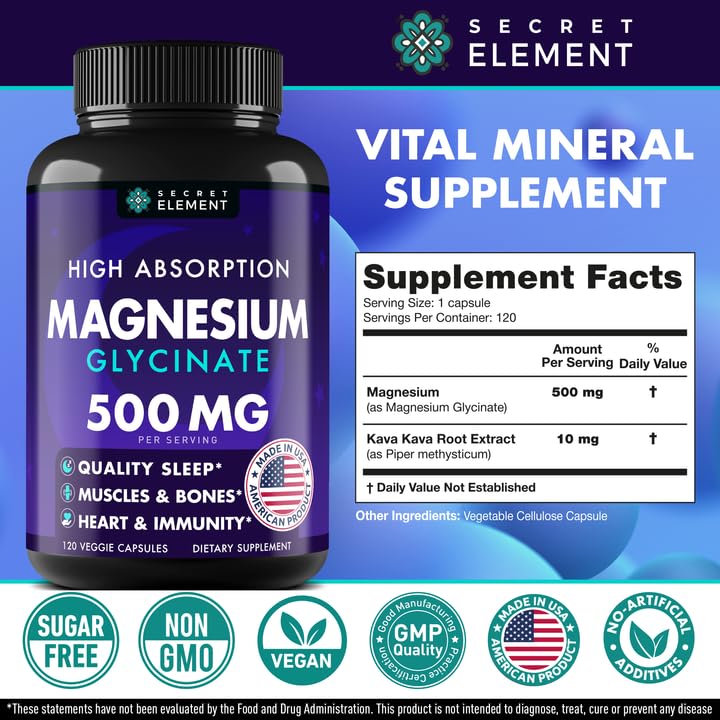 Magnesium Glycinate 500MG Capsules, Magnesium Supplement for Adults & Kids with Kava Kava, High Absorption, Vegan & Non-GMO, 120 Capsules, Pack of 2