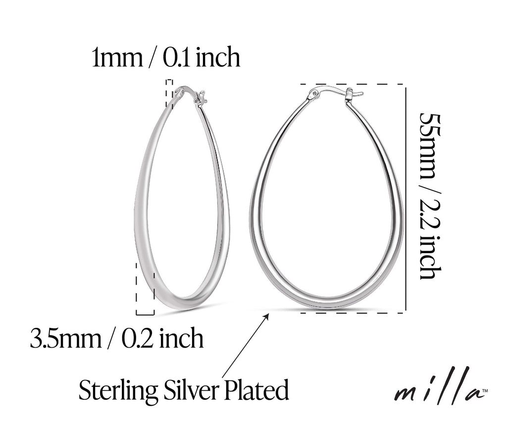 Milla Oval Silver Hoops for Women, Silver Plated, Medium Size 2.2 in