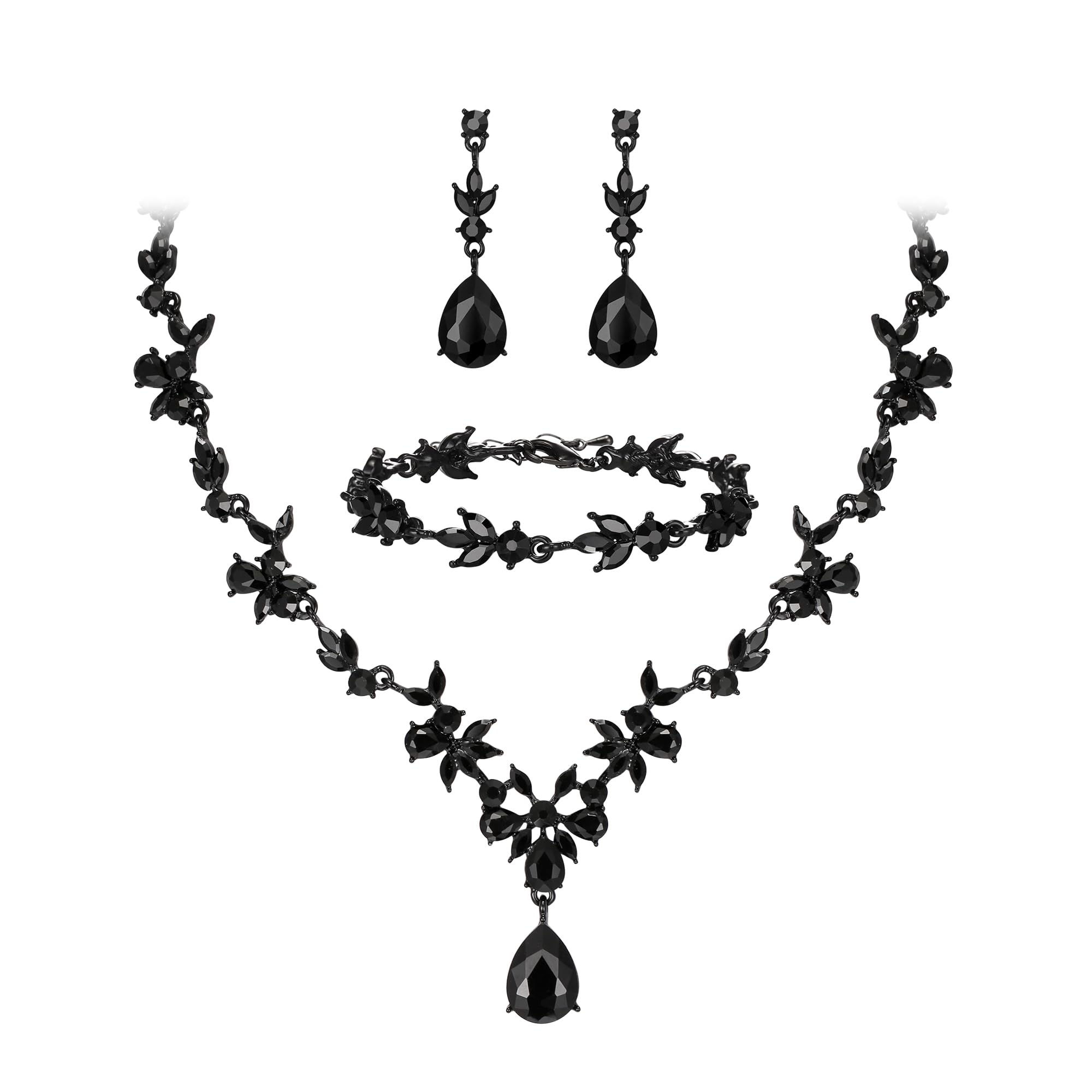 BriLove Wedding Jewelry Set for Women Bride, Y-Necklace Tennis Bracelet Dangle Earrings Set Crystal Teardrop Marquise Cluster Jewelry for Bridal Bridesmaid Black Black-Tone
