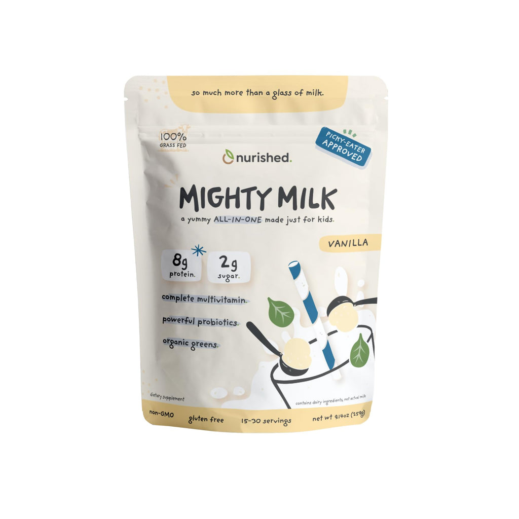 Nurished Vanilla Mighty Milk - Kids All-in-One Daily Protein Powder & Multivitamin Boosted with 2 Billion Probiotics & Organic Spinach - Natural Flavors, Colors & Sweeteners - 15-30 Servings