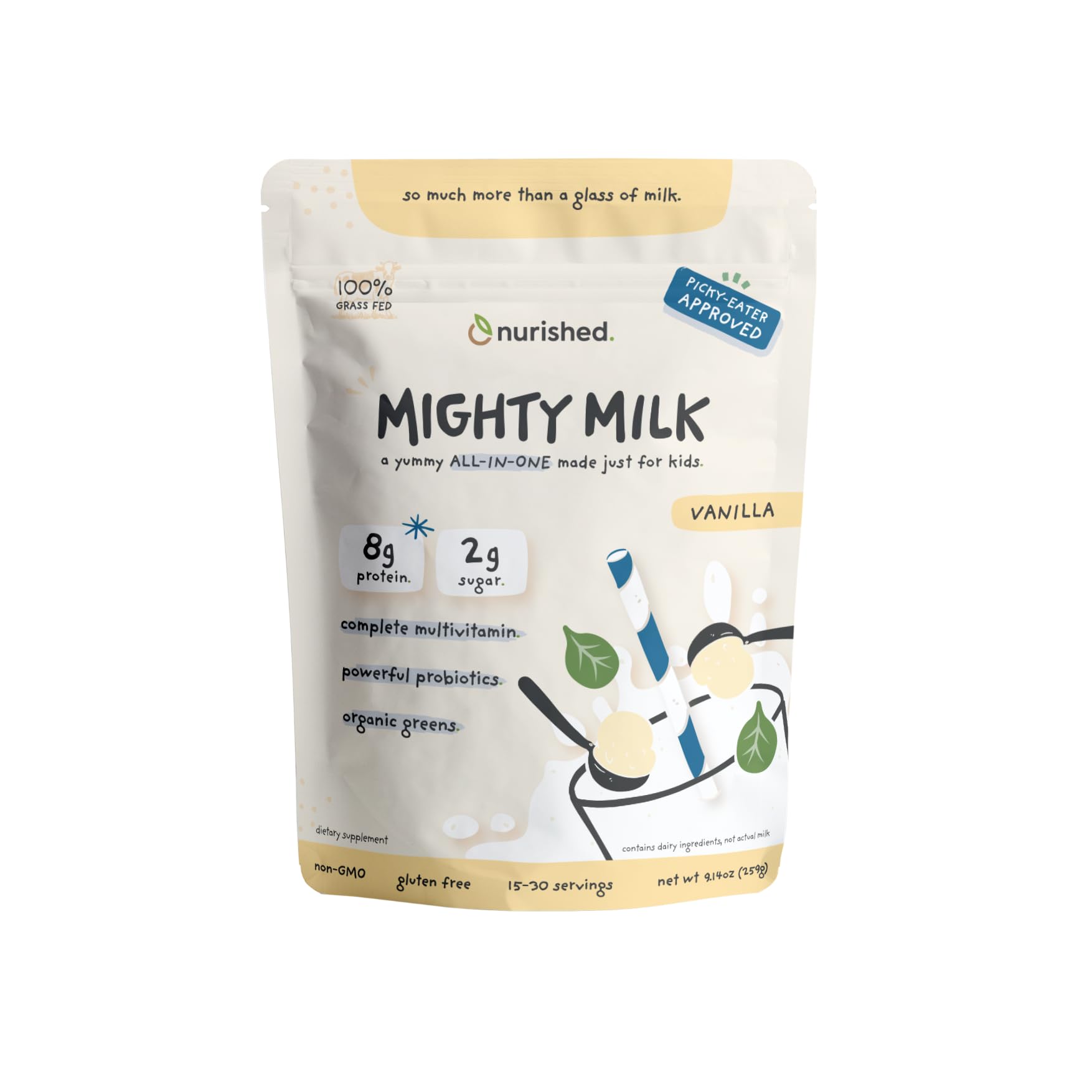 Nurished Vanilla Mighty Milk - Kids All-in-One Daily Protein Powder & Multivitamin Boosted with 2 Billion Probiotics & Organic Spinach - Natural Flavors, Colors & Sweeteners - 15-30 Servings