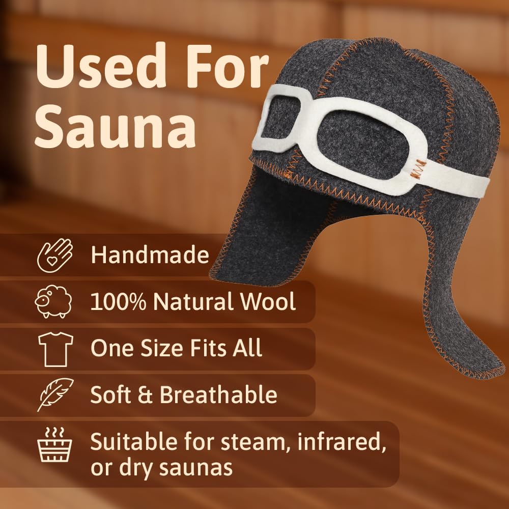 Pilot Sauna Hat for Men & Women Aviator Wool Mens - Banya Hat for Men Felt Sauna Cap for Women Finnish Gray
