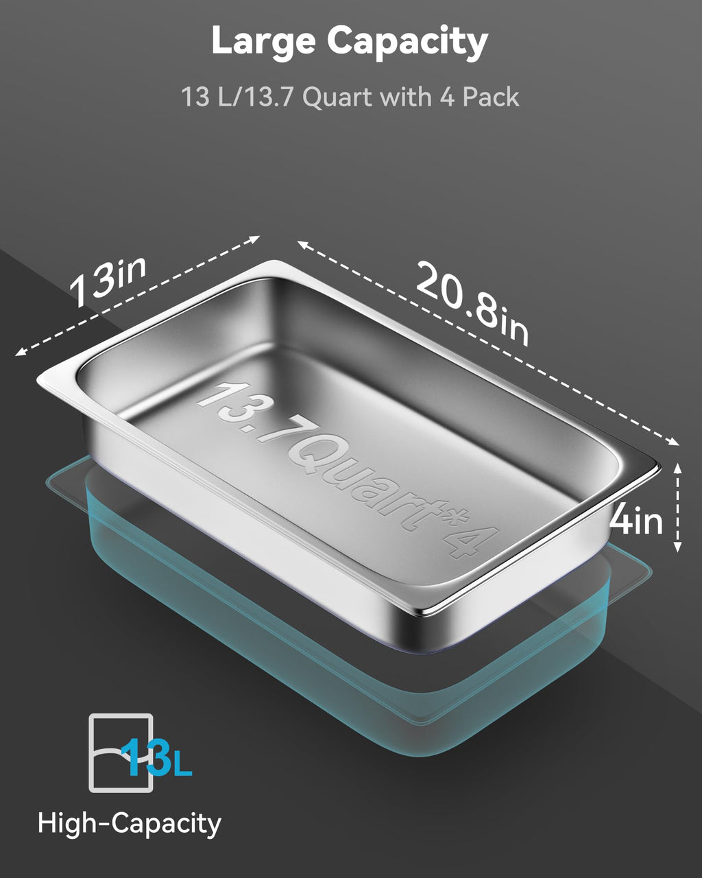 ZeroPone 4 Pack Hotel Pans with Lids, 1/1 Size 4" Deep Steam Table Pans, Full Size Stainless Steel Food Pan 22 Gauge Anti Jam 20.8" L x 12.8" W Commercial Food Storage Containers