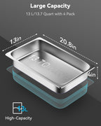 ZeroPone 4 Pack Hotel Pans with Lids, 1/1 Size 4" Deep Steam Table Pans, Full Size Stainless Steel Food Pan 22 Gauge Anti Jam 20.8" L x 12.8" W Commercial Food Storage Containers