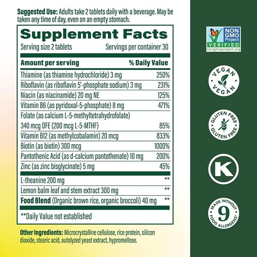 MegaFood L-Theanine & Vitamin B Complex with Vegan B12, B6, Folate, Biotin & More - 200 mg L Theanine Supplement - B Complex Vitamins for Women & Men - Plus Lemon Balm & Zinc - 60 Tablets, 30 Servings