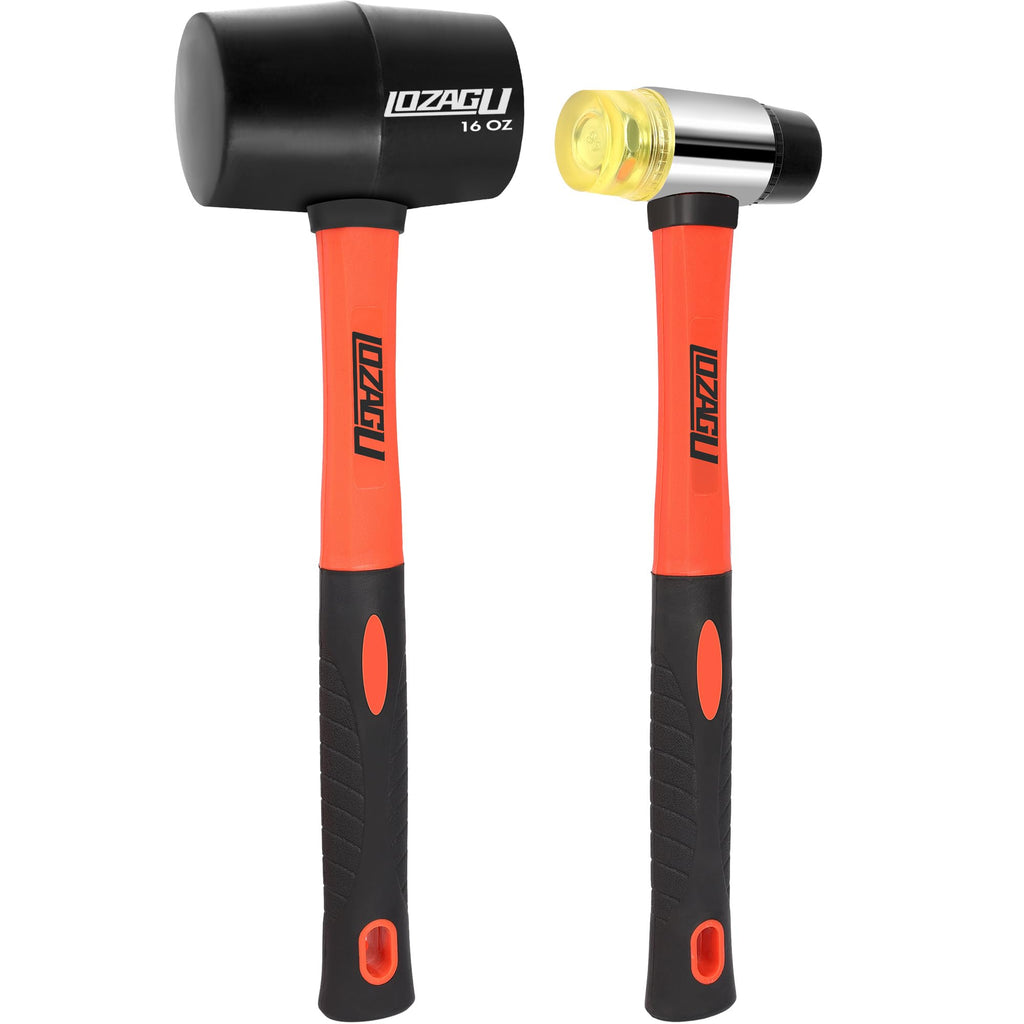LOZAGU 2-Pack Rubber Mallet Hammer Set, 16oz & 35mm Tool for Flooring, Tent Stakes, Woodworking, Camping, Crafts, Jewelry Wood