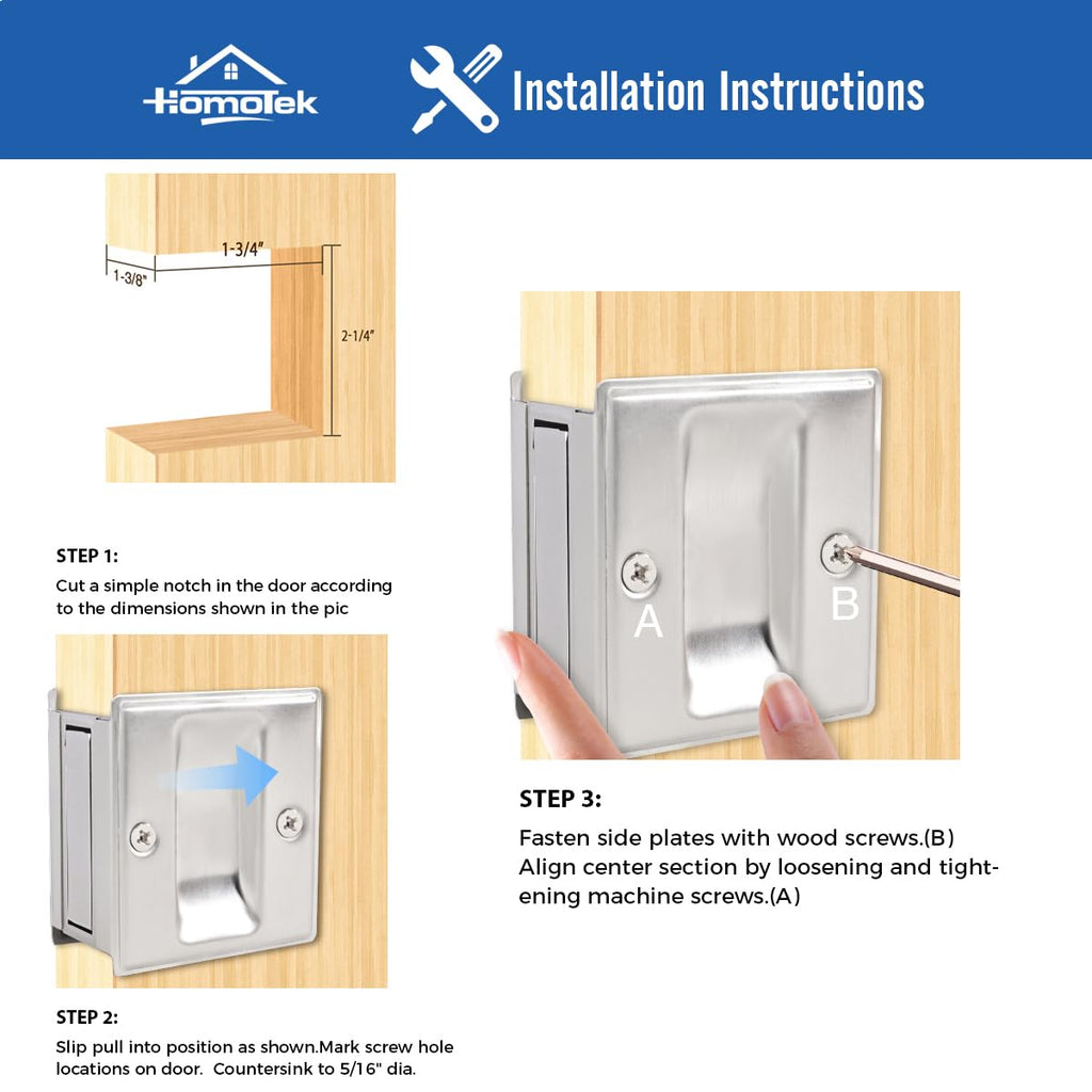 HOMOTEK 4 Pack Privacy Pocket Door Pull Without Switch Plate - Replace Old Or Damaged Passage Sliding Door Pull No Lock Quickly and Easily, 2-3/4”x2-1/2”, for 1-3/8” Thickness Door, Brushed Nickel