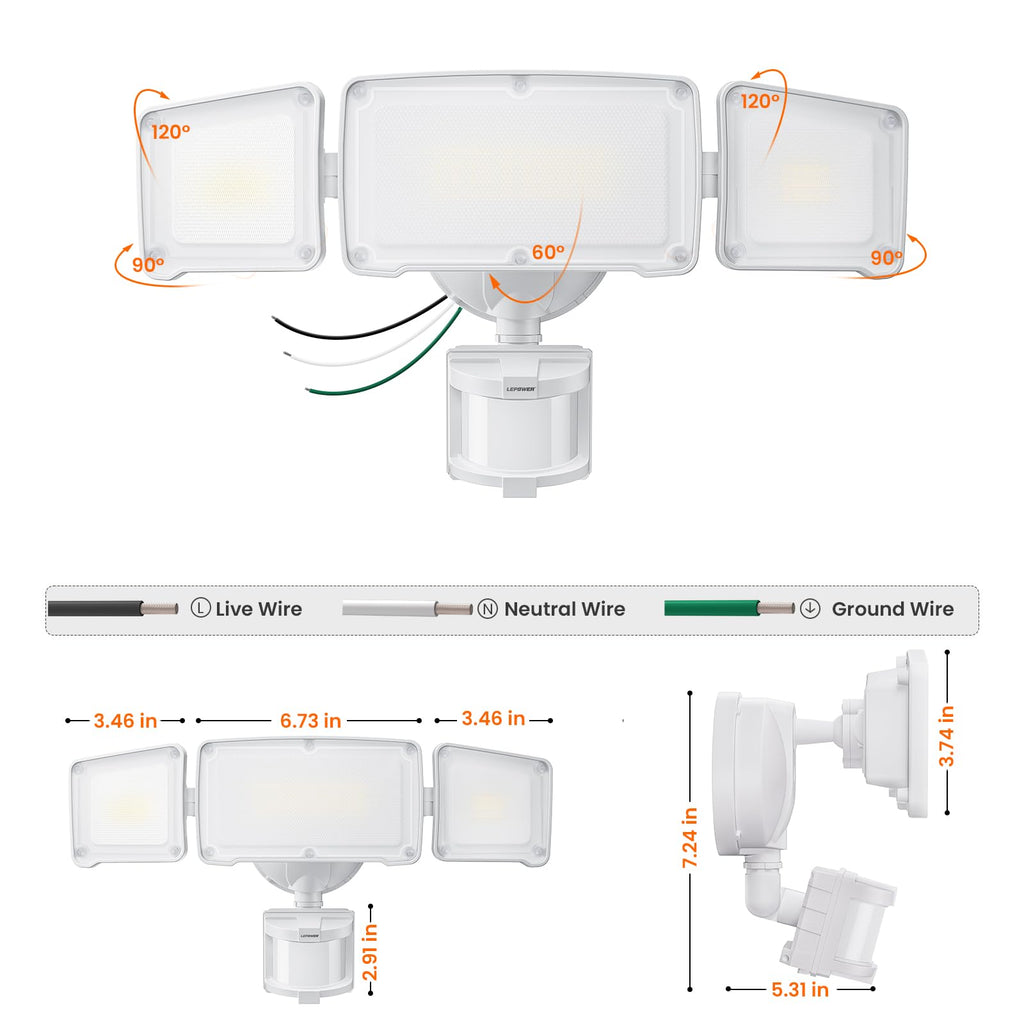 LEPOWER LED Security Lights Motion Sensor Light Outdoor, 38W 4200LM Light, 5500K, IP65 Waterproof, 3 Head Detected Flood Light for Garage, Yard, Porch (White)